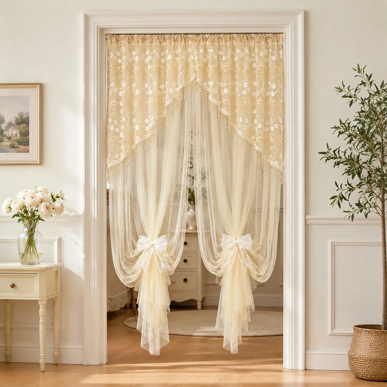 French Country-Style Lace Door Curtain/Window Curtain, Ivory-Colored Floral-Embroidered Sheer Door Curtain with Bow Ties, Romantic Vintage Bedroom Decor, Perfect for Rentals, Apartments, and Dorm Room Makeovers