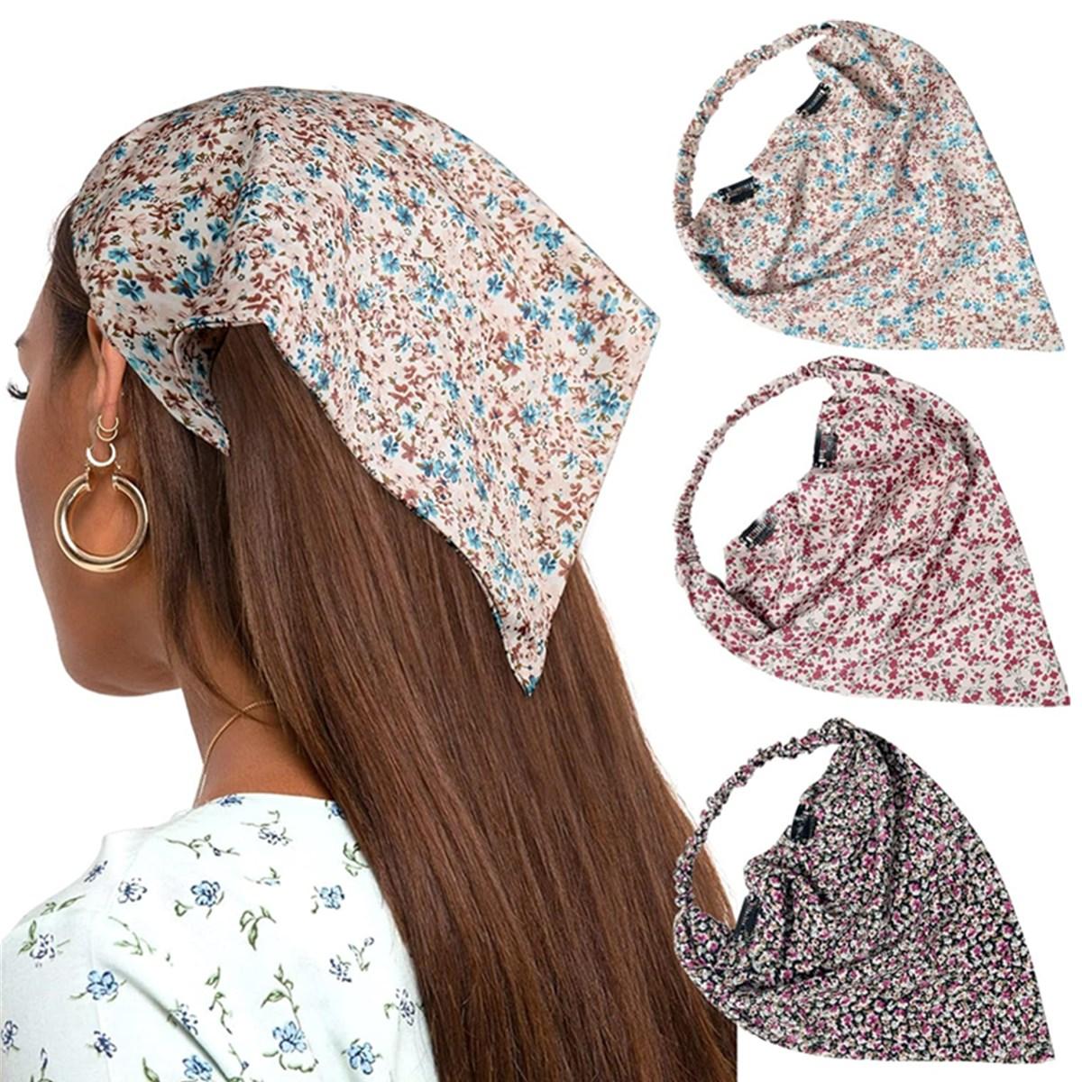 3PCS/Set Chic Style Floral Printed Elastic Hair Scarf Headband Chiffon Head Kerchief Headband Flower Hair Scarves Hair Clips Hair Bandanas Decoration