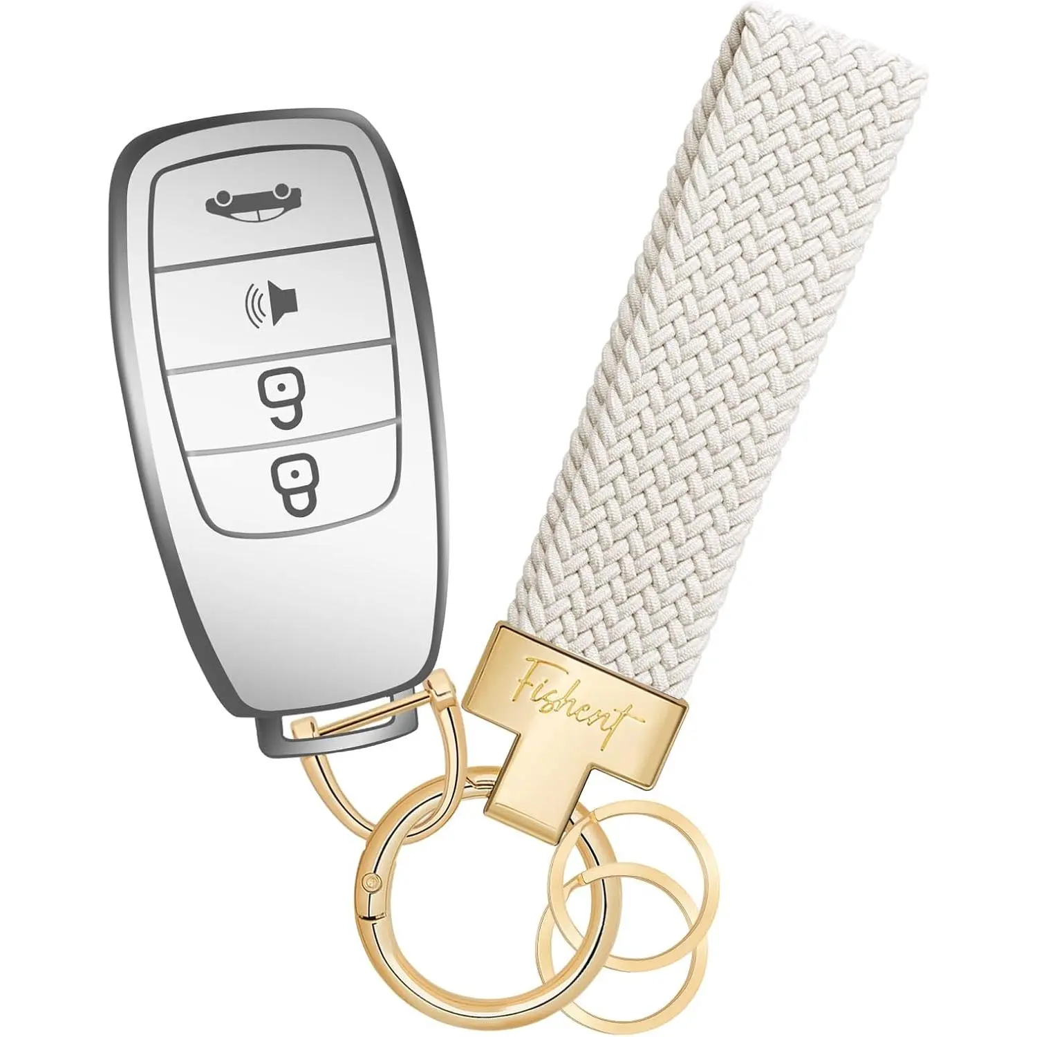 Stretchy  , Nylon Braided Cool Key Chain for Women Men, Universal Key Fob Holder with 3 Keyrings, Anti-Lost D-Ring,  Accessories, Starlight