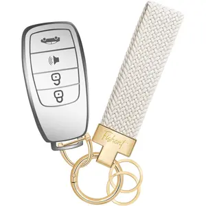 Stretchy Car Keychain, Nylon Braided Cool Key Chain for Women Men, Universal Key Fob Holder with 3 Keyrings, Anti-Lost D-Ring, Car Accessories, Starlight