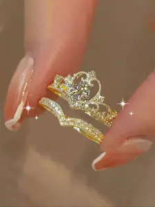 Women's Crown Princess Diamond Ring Set, Fashion Design Zirconia Open Finger Rings, Unique Luxury Gift for Best Friends & Couples, Statement Rings