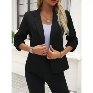 Women's Light Beige Casual Blazer-Open Front 3/4 Sleeve X-Silhouette,Machine Washable Polyester Jacket for Spring Fall,Versatile Office&Casual Attire,Fall Layering,Lightweight Fabric,Women loungewear two piece set Slim Square Neck Romper Jumpsuit