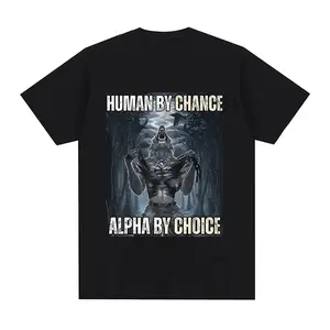 Human By Chance Alpha By Choice Wolf Funny Meme T Shirts Men's Casual Cotton Vintage Short Sleeve Oversized T-shirts Streetwear, Adult funny T-shirt, Gift for Woman and Man