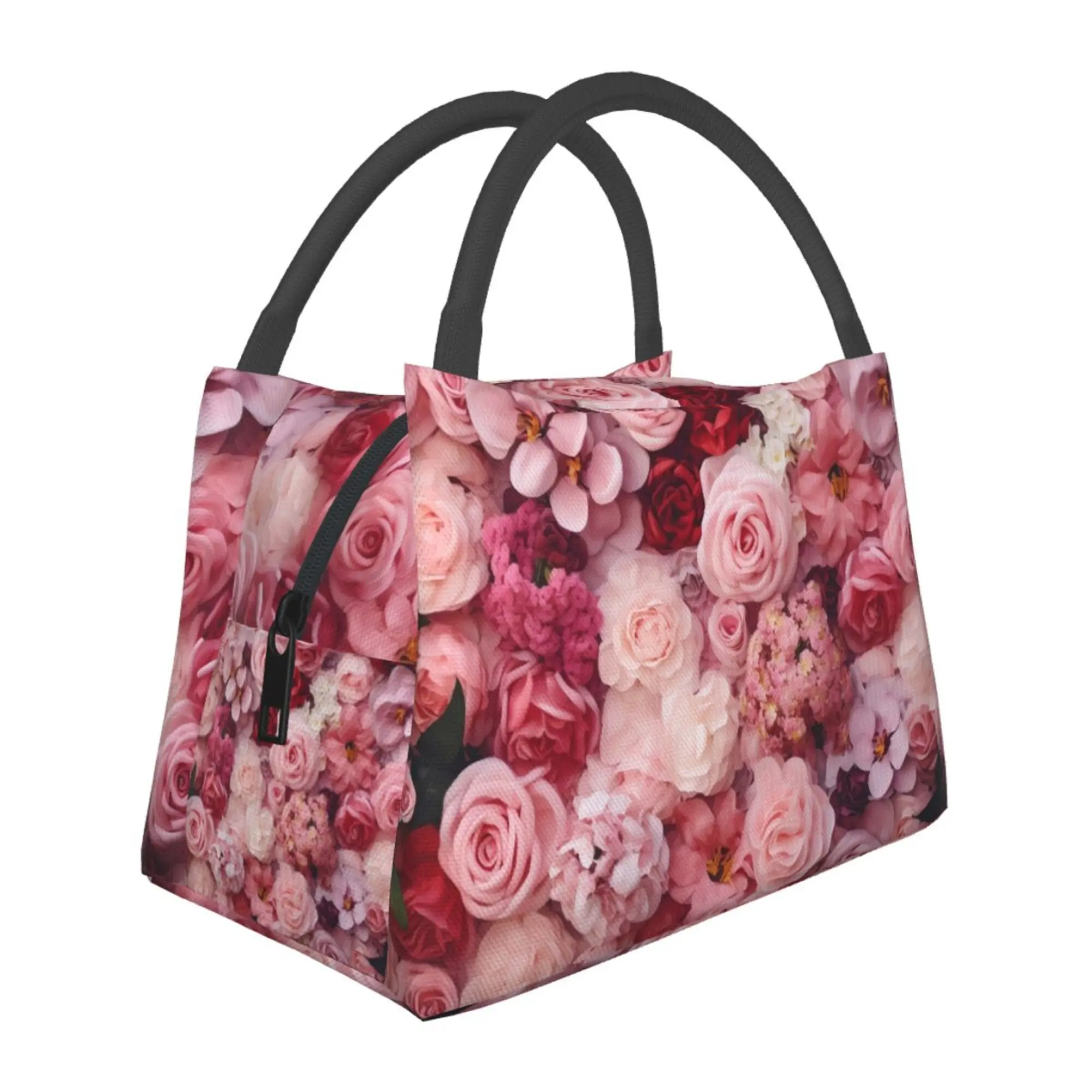 lunch box for women，lunch bag, reusable portable insulation bag, insulation bag,rose pattern, suitable for outdoor camping, work, school, fitness