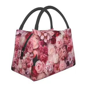 lunch box for women，lunch bag, reusable portable insulation bag, insulation bag,rose pattern, suitable for outdoor camping, work, school, fitness