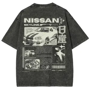 Vintage JDM Sports Car Graphic Washed Denim T-Shirt Skyline Men's Graphic Tees Streetwear Outfits Men Vacation Outfits Oversized Tshirt Men