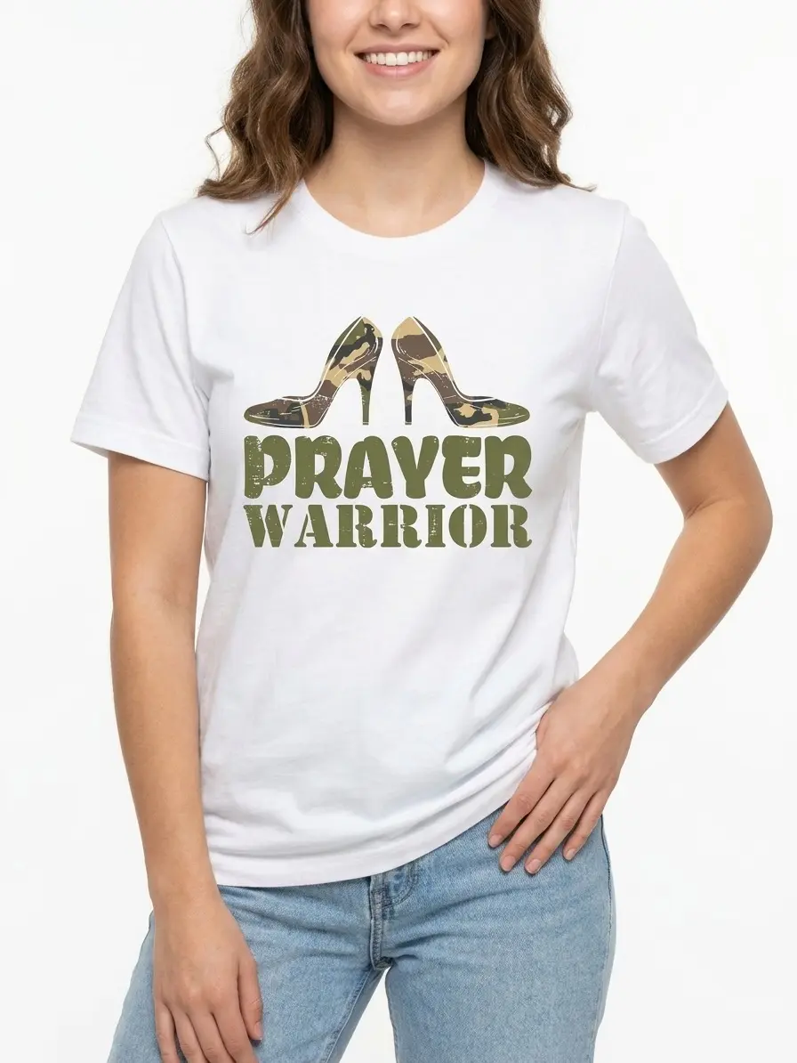 Prayer Warrior Camo Heels Tee 100% Cotton White Black S-5XL Women Faith-based Apparel Empowering-quote Daily-wear Spiritual-gift