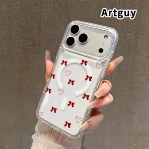 Transparent Magnetic Phone Case for iPhone 17 16  Pro Max Plus 15 14 13 12 11 Air E Bow Heart Pattern  Pattern Acrylic Back Soft Edge Anti-Slip Hard Shell