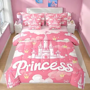 Feelyou Ultra Soft Girls Princess 7-Piece Castle Print Bedding Set - Multi-Size Romantic Theme Bed-in-A-Bag with Pink Magical Castle, Golden Crown, Cloud Comforter and Flat Sheet