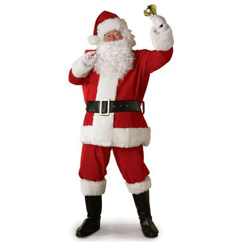 Men's & Women's Christmas Santa Claus Costume Set (5Pcs, S-3XL) - Long Sleeve Top, Zipper Clothes, Wig & Beard Incl. for Adult Role Cosplay Fancy Dress Outfit