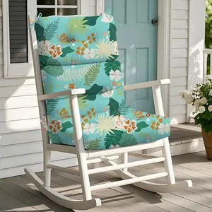 Rocking Chair Cushion, Waterproof High-Back Cushions for Adirondack Chairs & Patio Sofas, Thickened Indoor & Outdoor Chair Cushions with Straps (Cyan Flower Leaves)