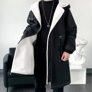 Young Men's Casual Mid-Length Fleece-Lined Lamb Wool Hooded Waist-Tight Parka Windbreaker