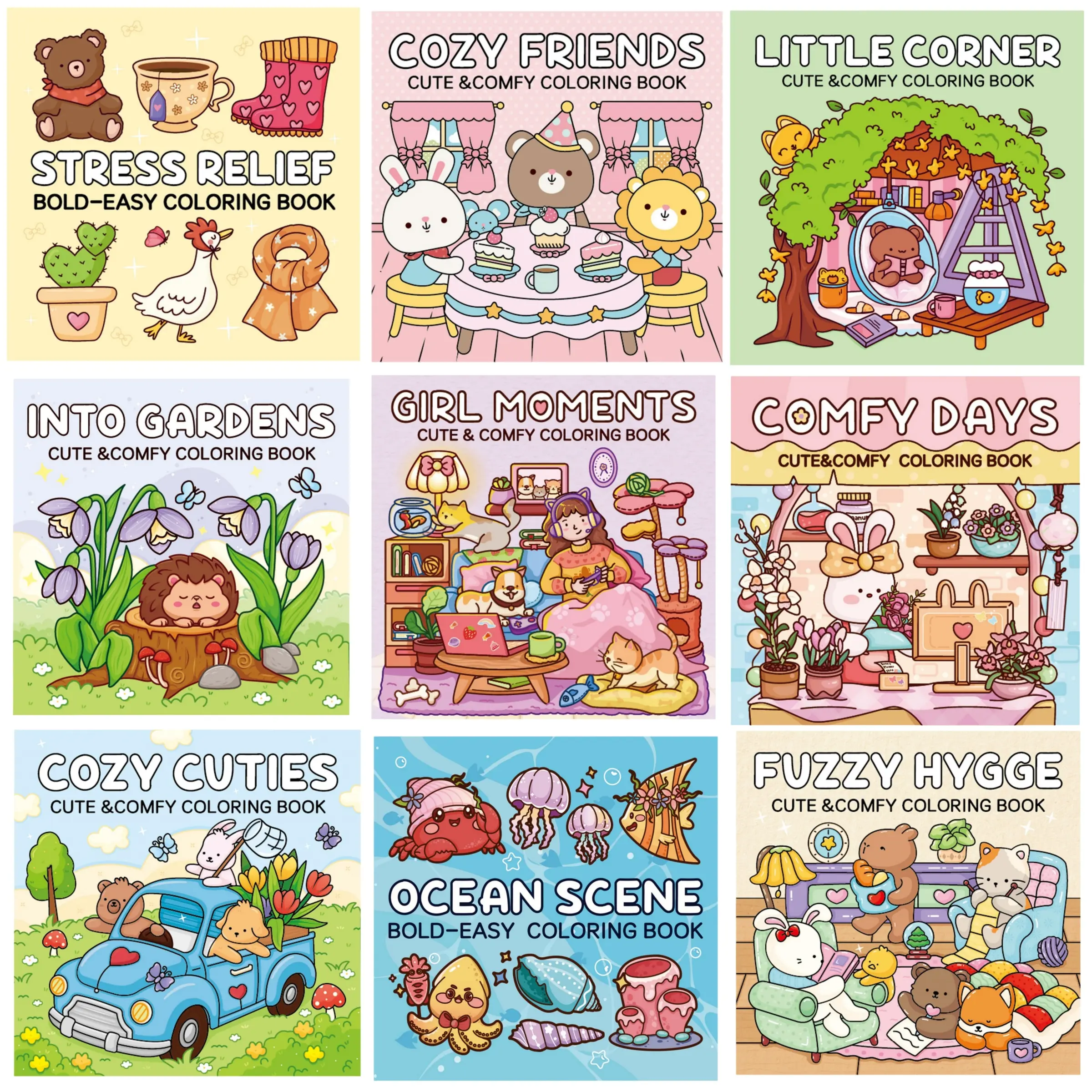 Super Cute Coloring Book - 40-52 Hand-Drawn Pages for Adults & Teenagers - Stress Relief, Cozy Friends, Little Corner, Into Gardens, Girl Moments, Comfy Days, Cozy Cuties, Ocean Scene, Fuzzy Hygge - Perfect Gift