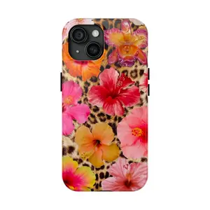 for iPhone13-Glossy.Hibiscus Flower Cheetah Print Phone Case, Full Color Durable Phone Case for Men & Women, Trendy Case Protection Leopard Print Glamour