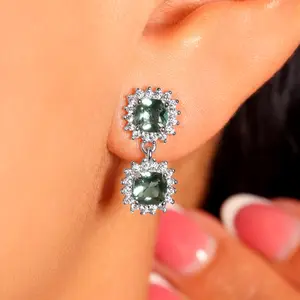 18K White Gold Plated Sustainable Lab-Created Blue Sapphire with Simulated Diamonds Halo Design Drop Dangle Earrings Made in Italy