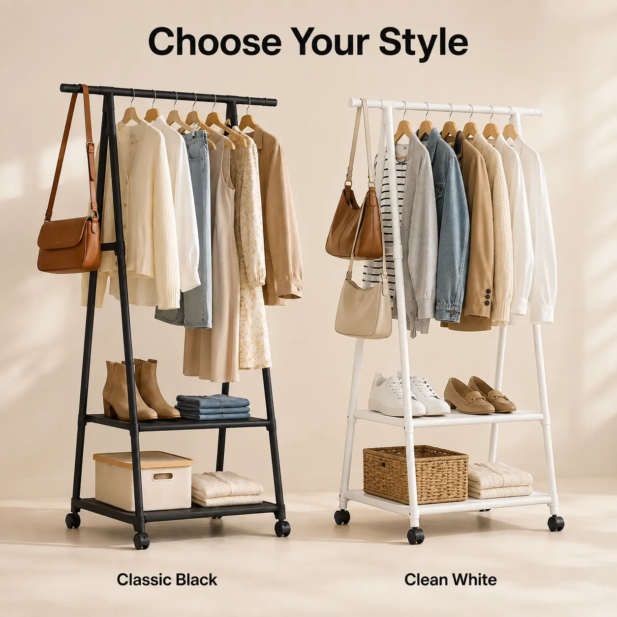 A-Frame Freestanding Hanging Rolling Garment Rack with 2-Tier Shelves, Closet Organizer on Wheels for Bedroom & Laundry Room, 55x42x160cm Organizer Storage for Room Storage & Organization Needs