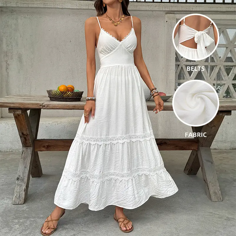 Backless White Maxi Dress for Women – Lace Trim Spaghetti Strap Flowy Ruffle Dress with Bow Tie |   French Summer Vacation Outfit # French style # cottagecore # vacationdress # fyp summerwins