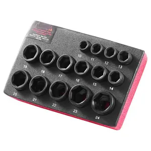 3/8" Drive Impact Sockets Set,  15pcs CR-MO Metric Ultra-Short (10 - 24 mm), 6-Point Drive Bit Ratchet Tool Kit Case