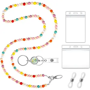 Z-BR11  Beaded Lanyard for ID Badges Wooden Teacher Lanyard with ID Holder for Eyeglasses Chains Badge Lanyards Teacher Gift, Valentine's Day Gift for