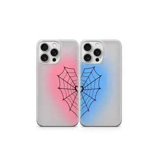 Matching Spiderweb Couple Phone Case For iPhone 17 Air 16 15 14 13 12 11 Plus Pro Max Samsung Galaxy - Pink & Blue Gradient Heart Design Cute