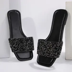 Women's Square Toe Slip On Flat Sandals Rhinestone Slide Sandals Fashion Open Summer Dressy Slippers