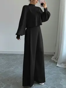 Womens Matching Set Elegant Fitted Long Sleeve Crop Top and High Waist Wide Leg Pants in Three Colors Womenswear