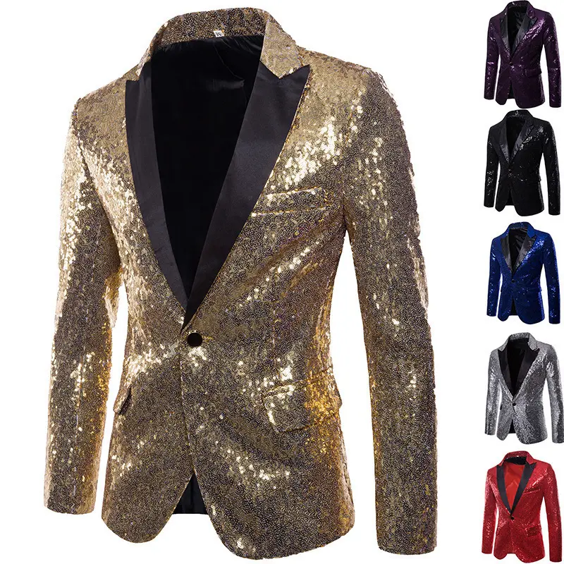 Men's Assorted Colors Sequin Blazer with Velvet Lapel | Slim Fit Eye-Catching Design | Premium Shiny Fabric | Perfect for Party Performance Evening Formal Occasion Mens Stylish Outfit Essentials Double-Breasted Blue Suit Outerwear Clothes