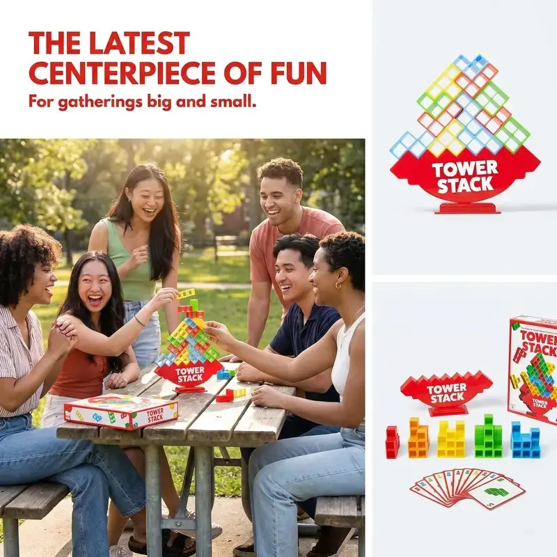 Tower Stack Game - STEM Cognitive Stacking Building Block Set for 8+ Yrs Kids, Includes 36 Cards, 24 Blocks, 1 Body, 1 Stand & Instructions for Family Game Night