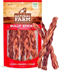 Natural Farm 12 Inch Braided Bully Sticks for Heavy Chewers - All-Natural Beef Cheek Muscle Treats for Dental Health & Stress Relief - 5 Count Pack