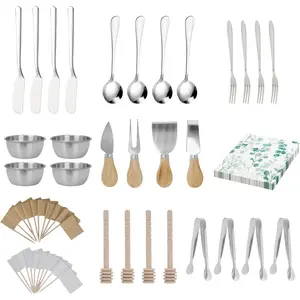 68-Piece Charcuterie Boards Accessories Set includes wooden-handled cheese knife set, silver cheese spreader, butter knife, mini tongs, spoons, forks, honey dipper, napkins and cocktail picks