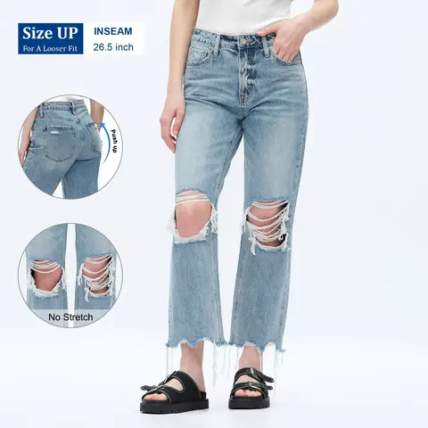 ONESO Women's High-Rise Crop Straight Denim Pants, 90s-Inspired Rebellious Streetwear Bottoms, Cotton Fabric Jeans