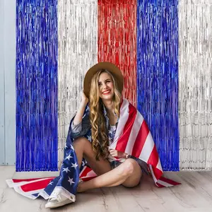 4th of July Decorations, 3 Pack Red White and Blue Metallic Foil Fringe Curtains Streamers Patriotic Photobooth Props Party Backdrop for USA Themed Olympics Election Memorial Day Decor