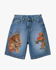 TigerBloom Long Shorts - Oversized Streetwear Jorts with Japanese & Floral Print 100% Cotton Denim All Seasons Comfortable Fit
