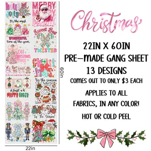 Christmas Trendy Designs Pink Christmas DTF Gang Sheet 22" Wide x 60" Long DIY Direct to Film T Shirt Transfers Modern Festive Shirt Making Decals