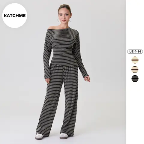 KatchMe Women's Versatile Sloping Shoulder Stripe Long Sleeve Top & Drawstring Waist Loose Trousers Co-ord, Soft Basic Everyday Two Piece Outfits