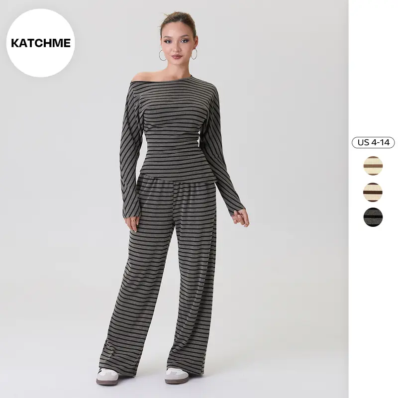KatchMe Women's Versatile Sloping Shoulder Stripe Long Sleeve Top & Drawstring Waist Loose Trousers Co-ord, Soft Basic Everyday Two Piece Outfits