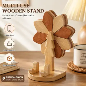 Multi-Use Solid Wood Phone Stand & Trivet – 2-in-1 Folding Desk Organizer, Heat-Resistant Pot Mat & Aesthetic Phone Holder for Kitchen & Home