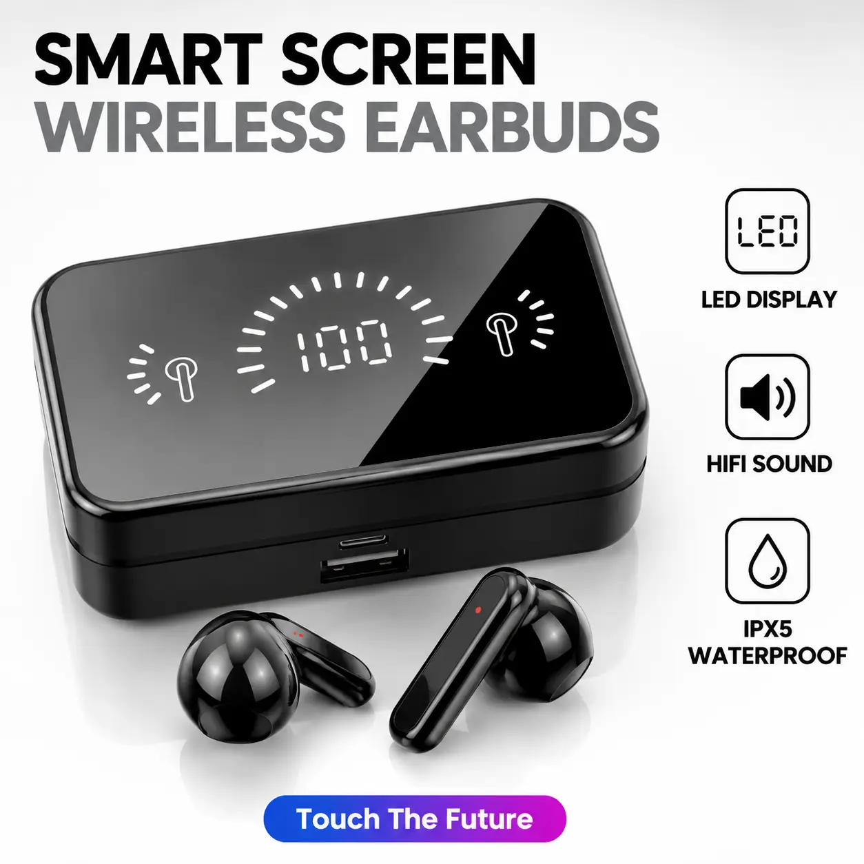 Futuristic Smart Screen Wireless Earbuds, LED Touch Display Case, Bluetooth 5.4 HiFi Stereo Earphones, IPX5 Waterproof, Fast Charging, All Day Comfort