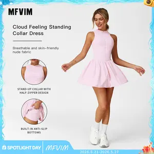 Women's High Neck Tennis Dress Sleeveless Wrap Dress Built-in Shorts Golf Sports Dress Workout Jumpsuit