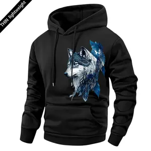 Men's lightweight hooded sweatshirt with wolf head and feather print, featuring a kangaroo pocket and drawstring hood. This men's hooded sweatshirt is suitable for spring and autumn, perfect for outdoor activities, running, jogging, and camping.