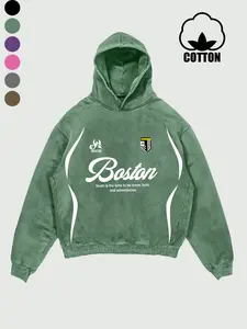 Men's Vintage Snowflake Hoodie, Boston City Print Inspirational Slogan, Casual Fitted Long Sleeve Top for All Seasons