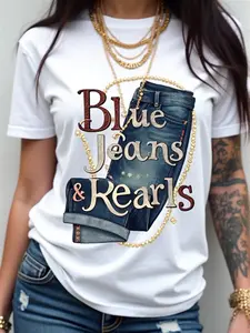 U3010imitation Denimu3011Plus Size - WomenS Oversized Blue Denim Pearl Print T-Shirt - Western Cowgirl Graphic Round Neck Short Sleeve Top with Blue Jeans & Pearl Design, Breathable All-Season Casual Shirt for Spring Summer Fall