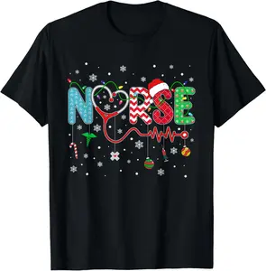 100% Cotton Merry Christmas Nurse Xmas Scrub Nurse Christmas Pattern T-Shirt