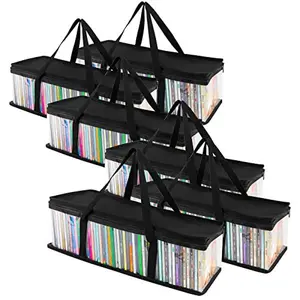 Stock Your Home CD Storage Bags (6 Pack) - Transparent PVC Media Storage - Water Resistant Holder Case With Handles - Clear Plastic Carrying Game Bag for Albums, Video Games, Books