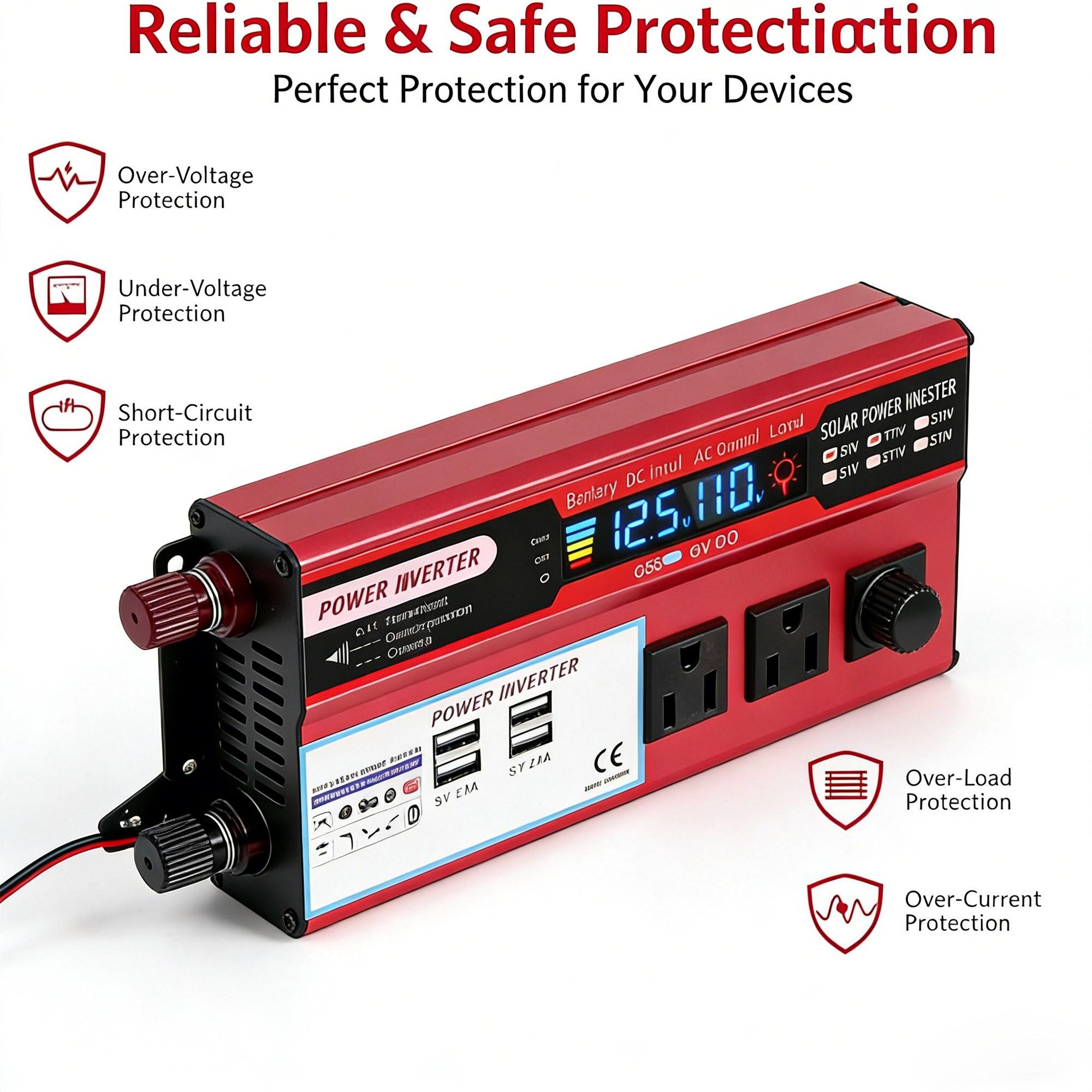 Portable 5000W Peak Car Power Inverter DC 12V to AC 110V Power Converter for Car Truck RV Boat 3 AC Power Outlets 4 USB Fast Charging Ports Advanced Safety Protection LCD Screen Compact Design for Outdoor Camping Emergency Backup Power Supply