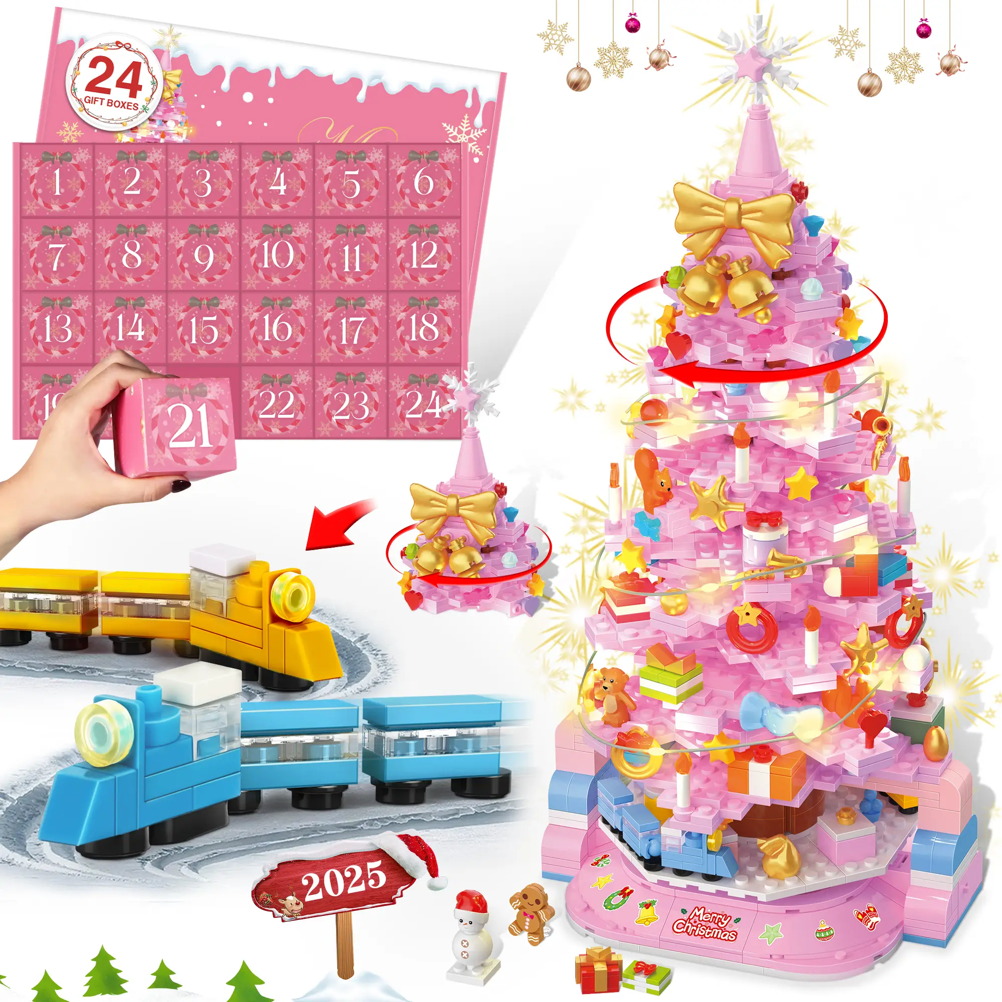 TOKMOC 2025 Rotatable Train Christmas Tree Building Block Set,Pink and Green,24 Days DIY Advent Calendar Surprise Christmas Countdown Mini Building Bl