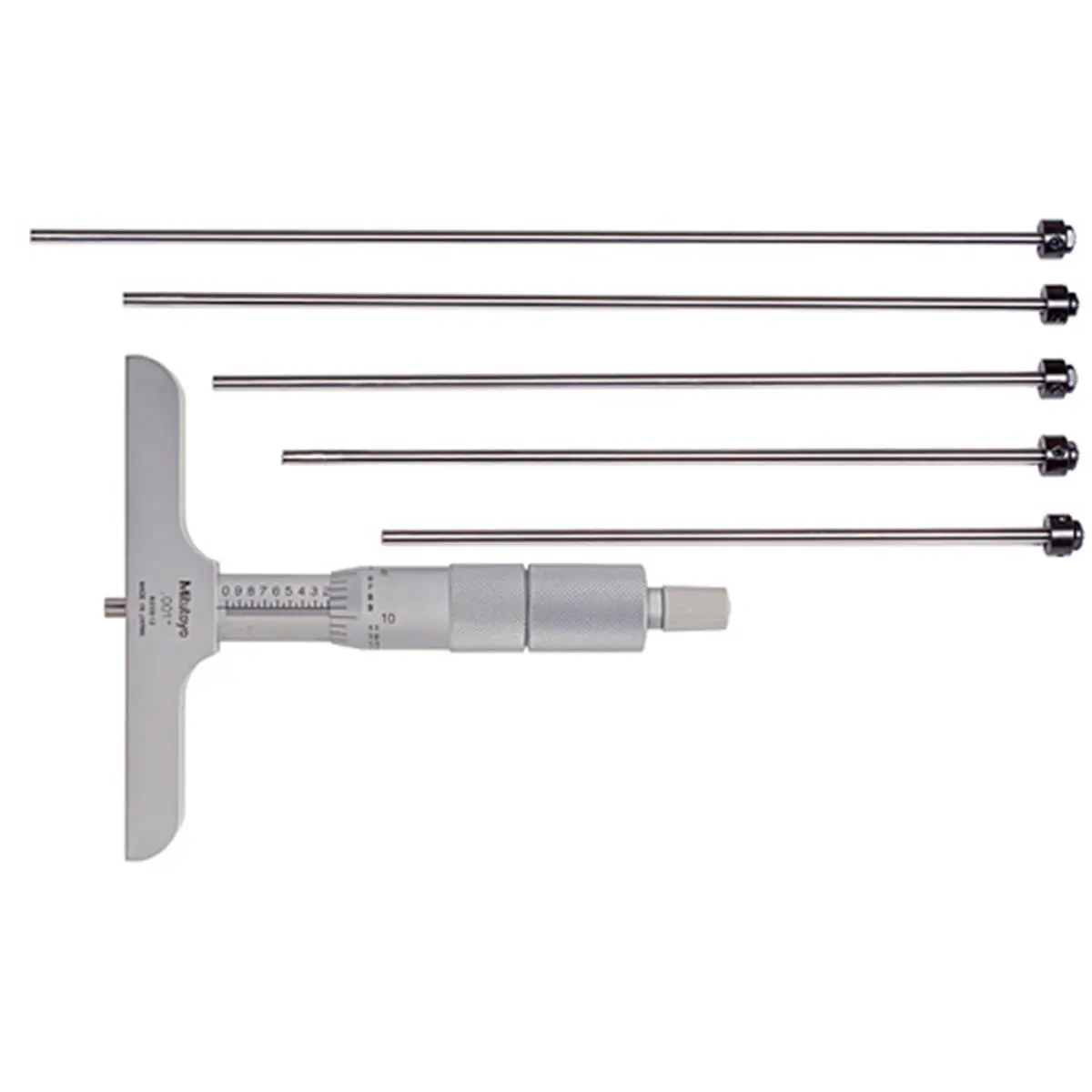 Mitutoyo Hand Measuring Tool - 0-6 in. Depth Microm., Graduated Scale (0.001 in. Graduation), 4 in. Base, Satin Chrome Finish, Adjustable Measuring Rods
