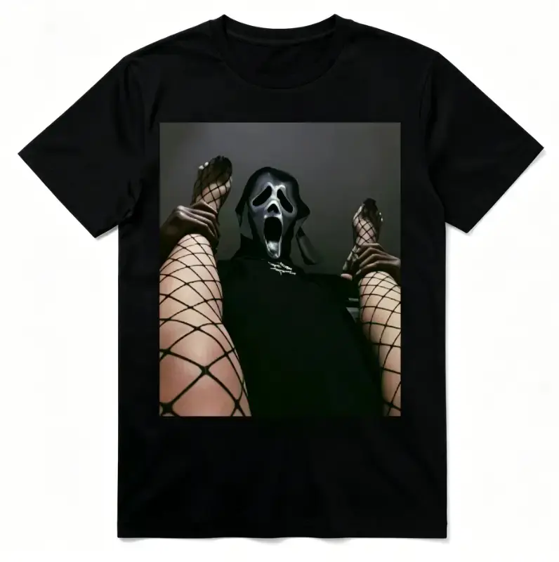 Women's 100% Cotton Short-Sleeve Round Neck Soft Casual T-Shirt - Ghostface Fishnet Legs Funny Horror Graphic Scream Meme Top, Women's Clothes, Shortsleeve Tee