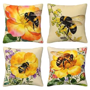 Spring flower pillow cover, retro bee flower decorative cushion cover, farmhouse style spring summer garden pillow cover, suitable for rural style sofas, benches, porches, 4-piece set with double-sided printing