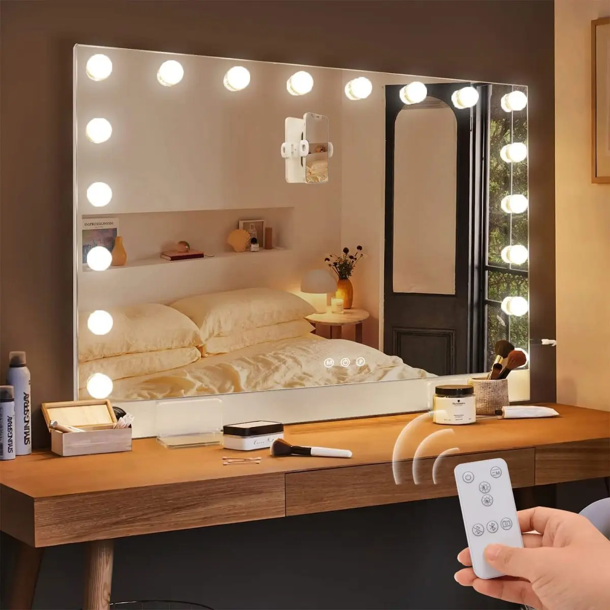 31.5"x22.8" Selfie Remote Control Vanity Mirror with Lights, 0.6" Ultrathin Large Hollywood Vanity Mirror 18 LED Bulbs Magnet Phone Holder Tabletop Makeup Mirror Wall Mount